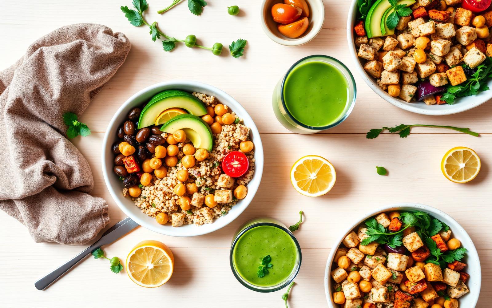 Colorful overhead spread of vegan buddha bowls and smoothies